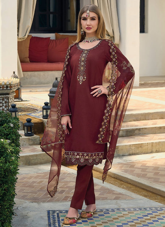 Salwar Suit Silk Viscose Burgundy Embroidered Salwar Kameez