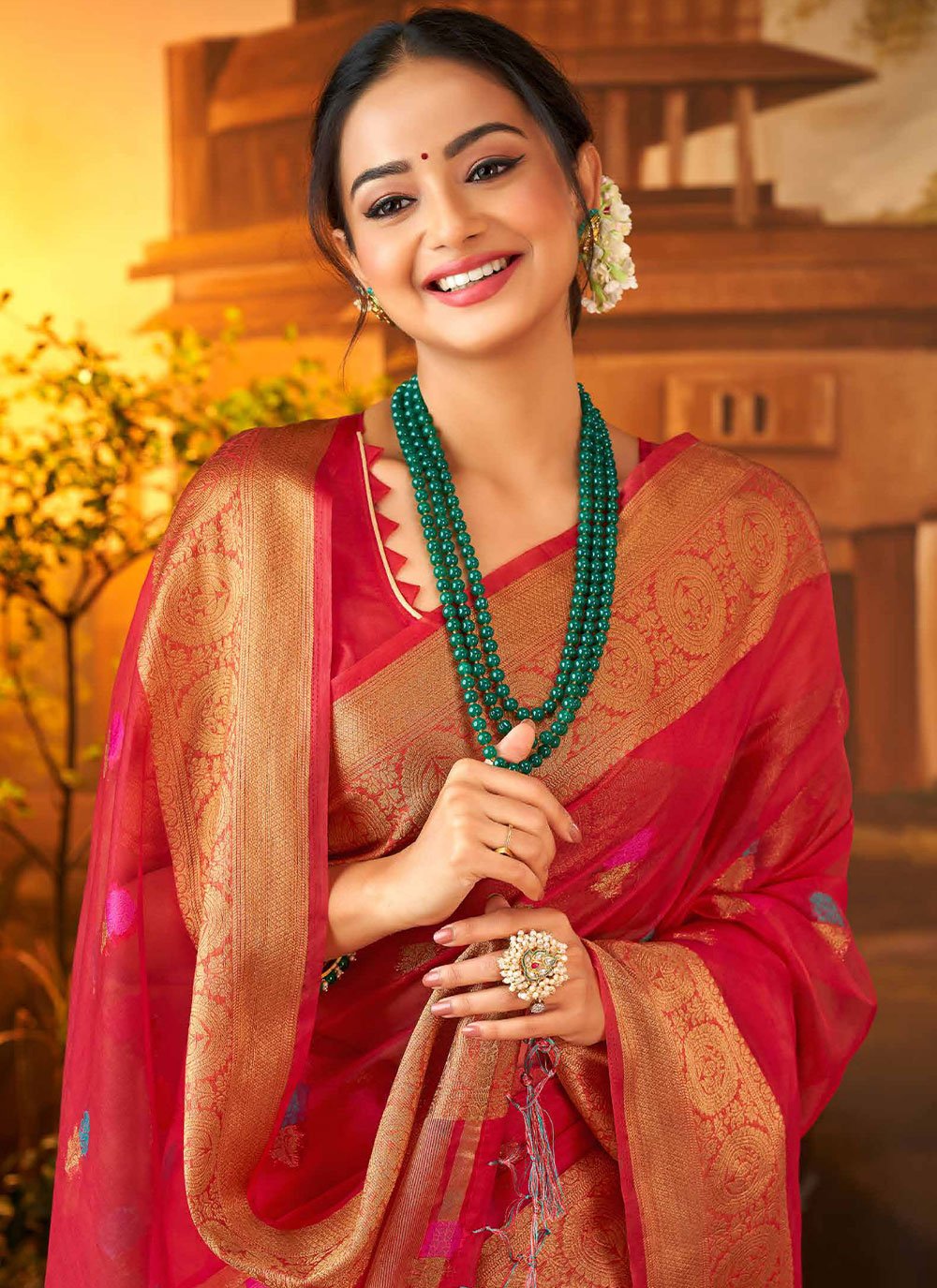 Contemporary Organza Silk Rani Booti Saree