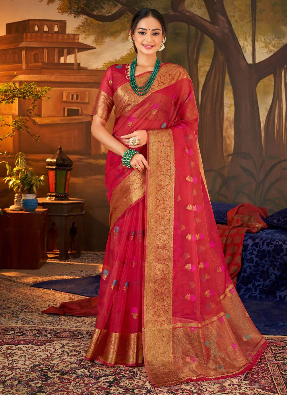 Contemporary Organza Silk Rani Booti Saree