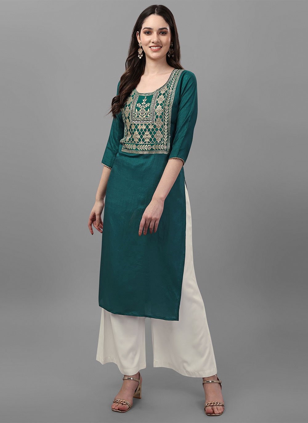 Casual Kurti Silk Rama Jacquard Work Kurtis