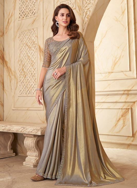 Designer Silk Beige Embroidered Saree