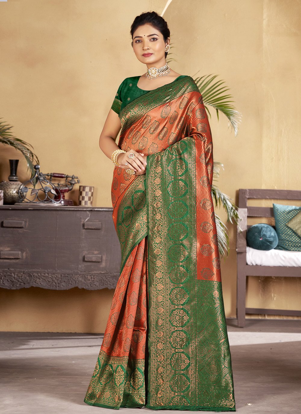 Designer Silk Green Orange Embroidered Saree