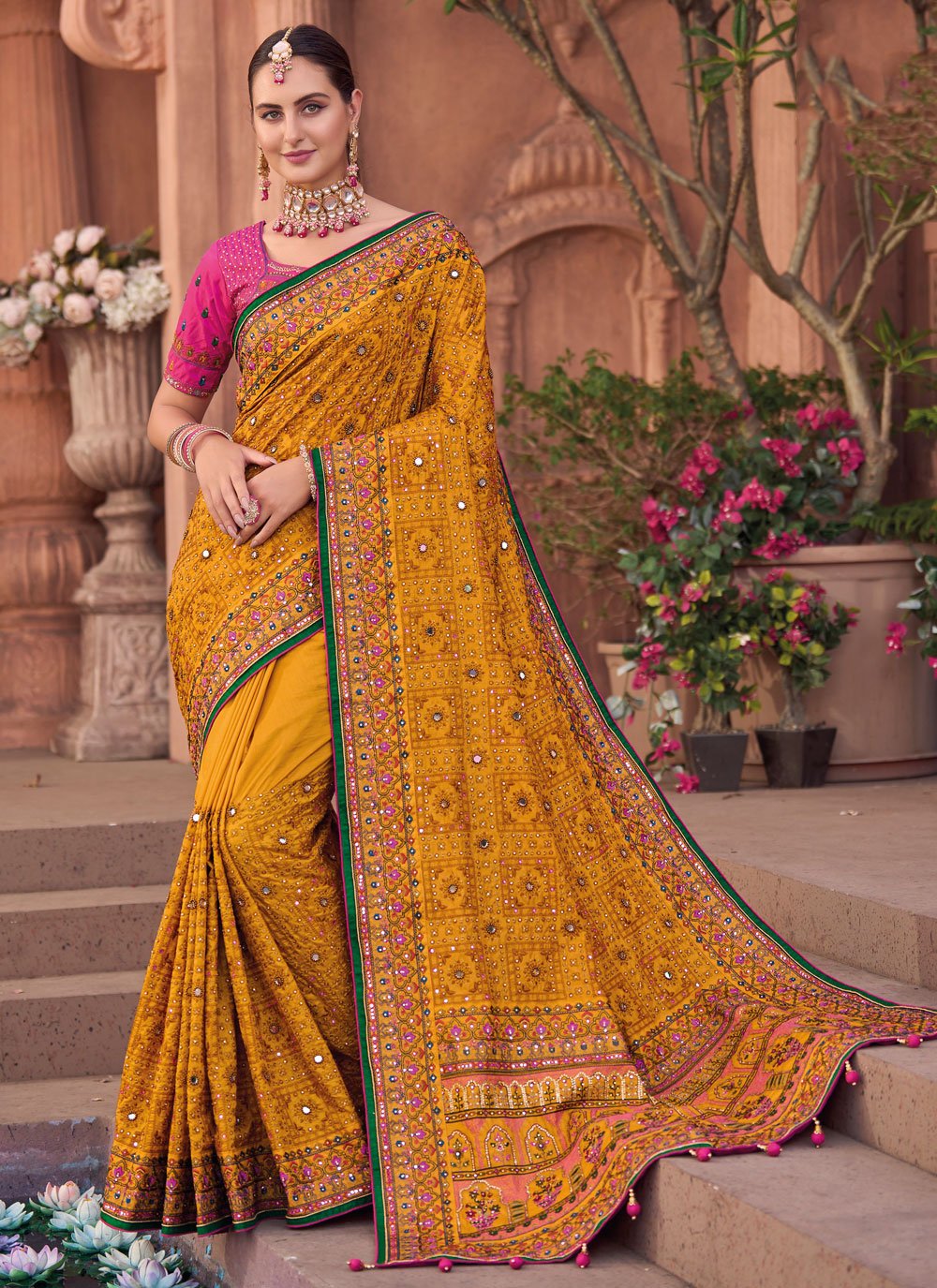 Designer Silk Mustard Embroidered Saree