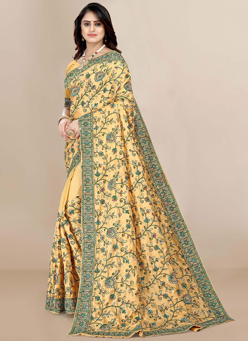 Classic Silk Yellow Embroidered Saree