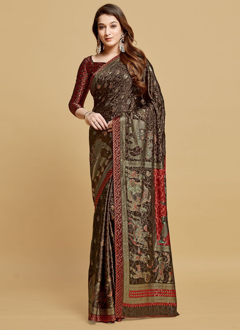 Classic Silk Brown Jacquard Work Saree