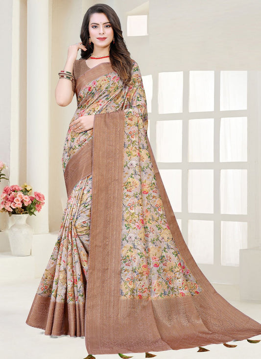 Classic Fancy Fabric Silk Brown Digital Print Saree