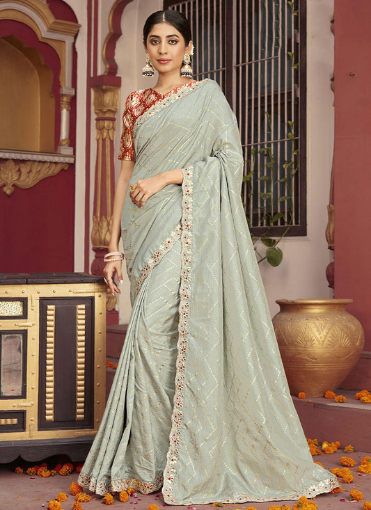 Classic Silk Grey Foil Print Saree