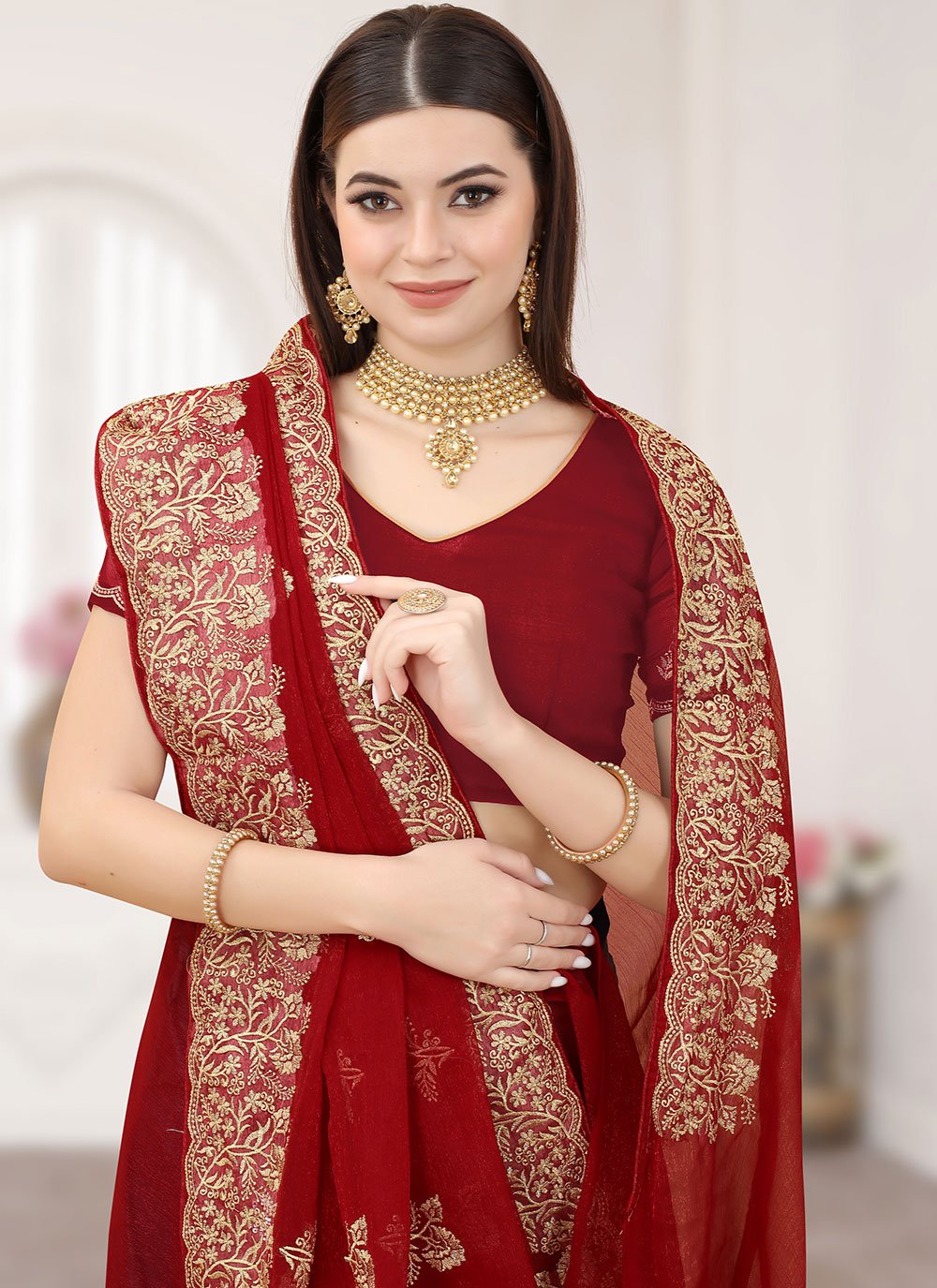 Classic Silk Maroon Embroidered Saree