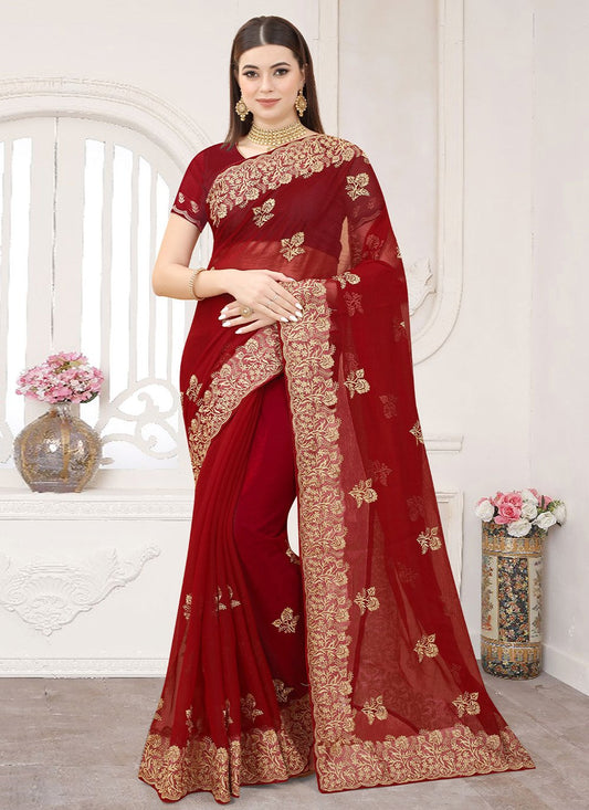 Classic Silk Maroon Embroidered Saree