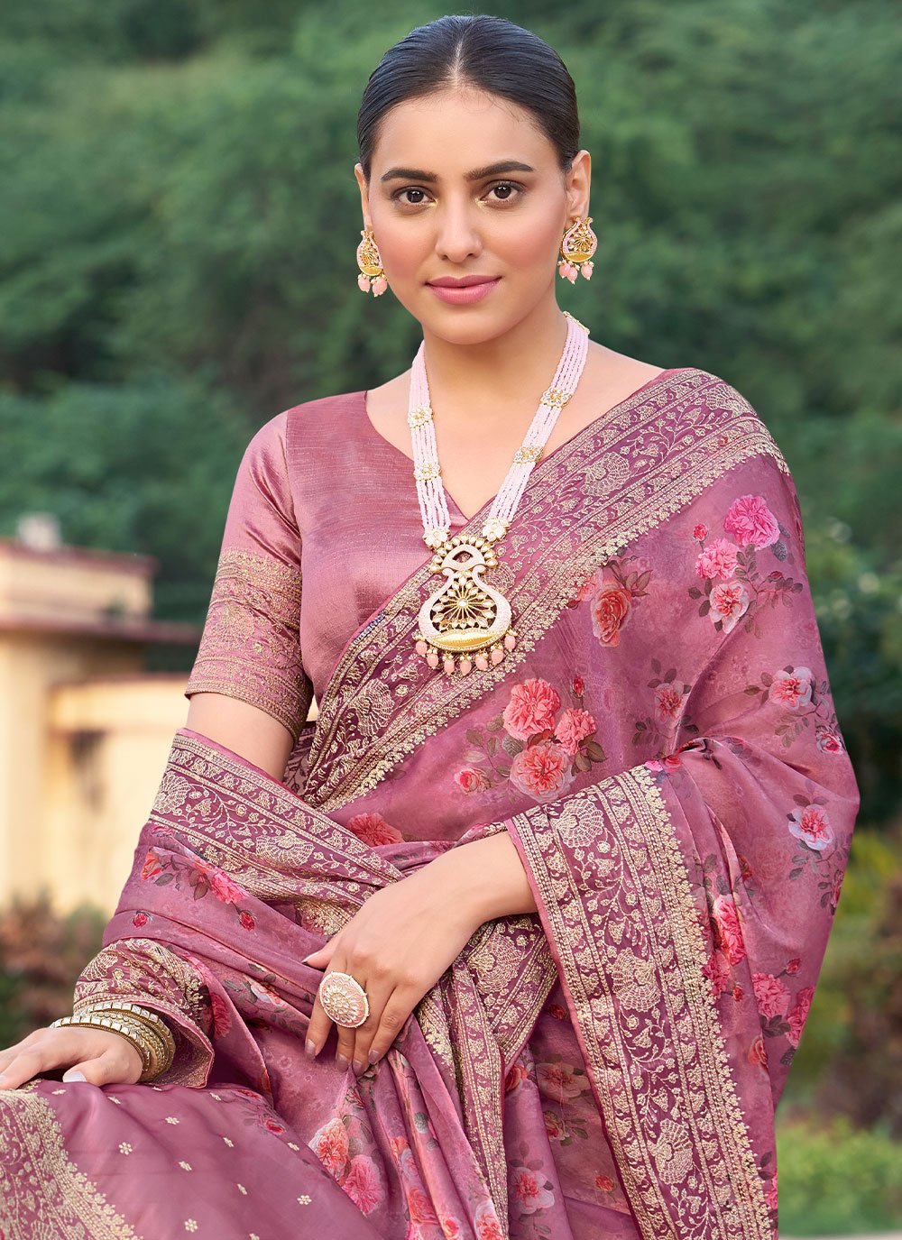 Classic Silk Pink Digital Print Saree