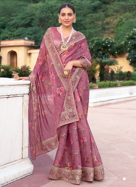 Classic Silk Pink Digital Print Saree