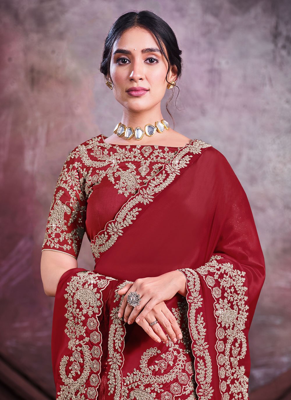 Contemporary Satin Silk Maroon Cord Work Saree