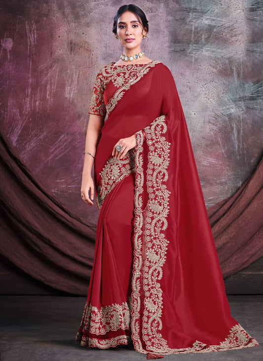 Contemporary Satin Silk Maroon Cord Work Saree