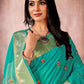 Contemporary Linen Silk Turquoise Embroidered Saree