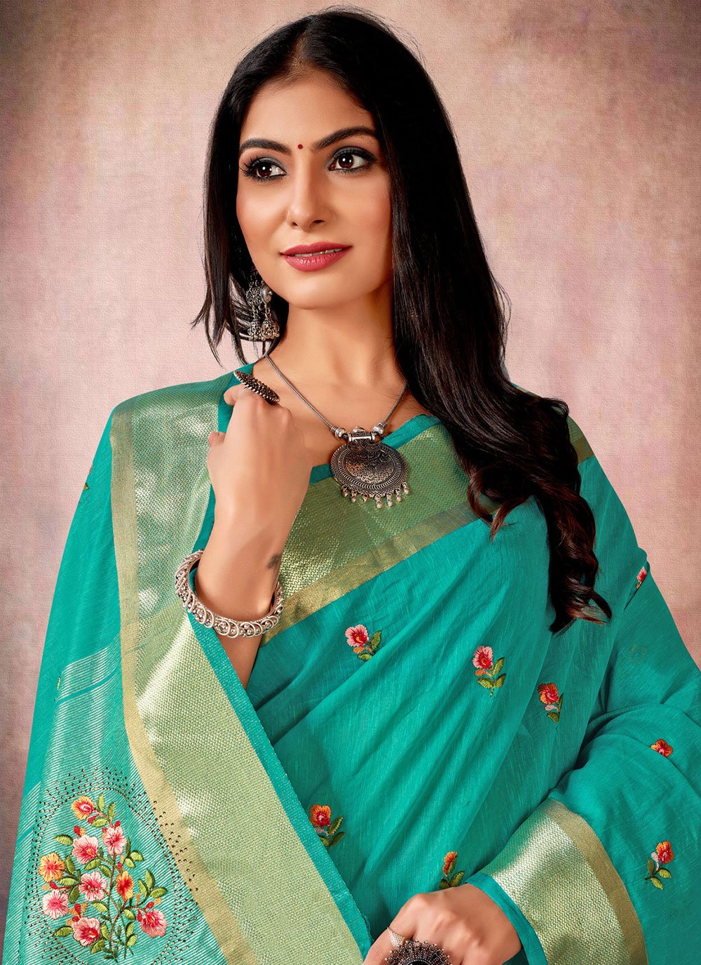 Contemporary Linen Silk Turquoise Embroidered Saree