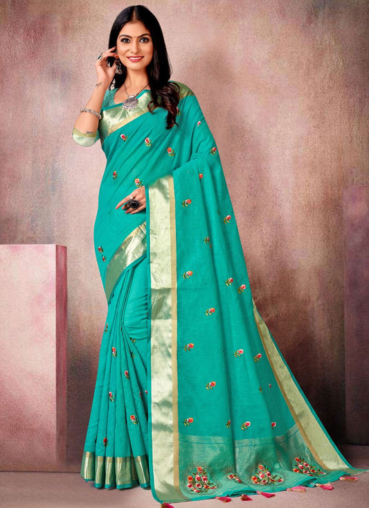 Contemporary Linen Silk Turquoise Embroidered Saree