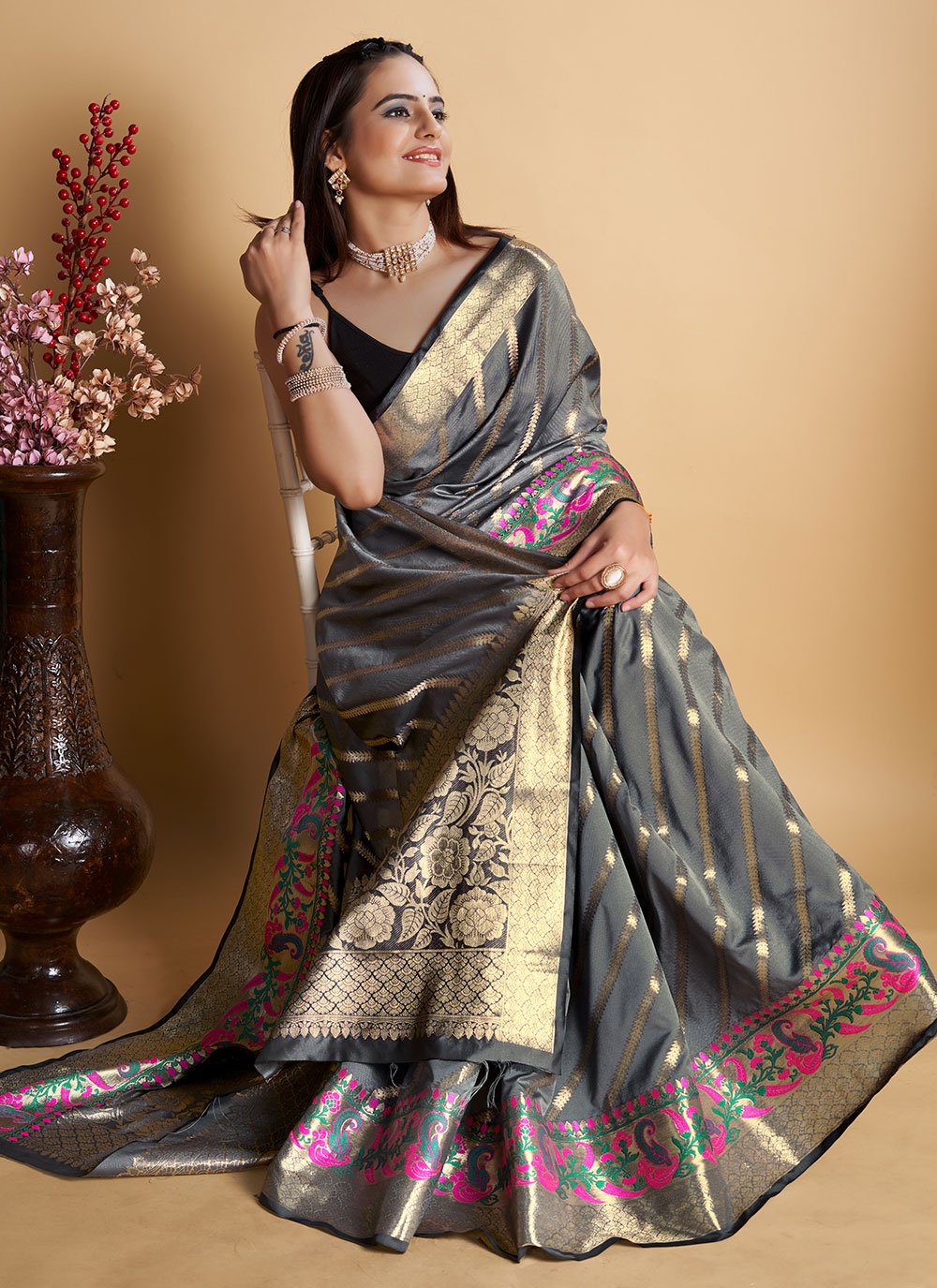 Contemporary Silk Grey Weaving Saree