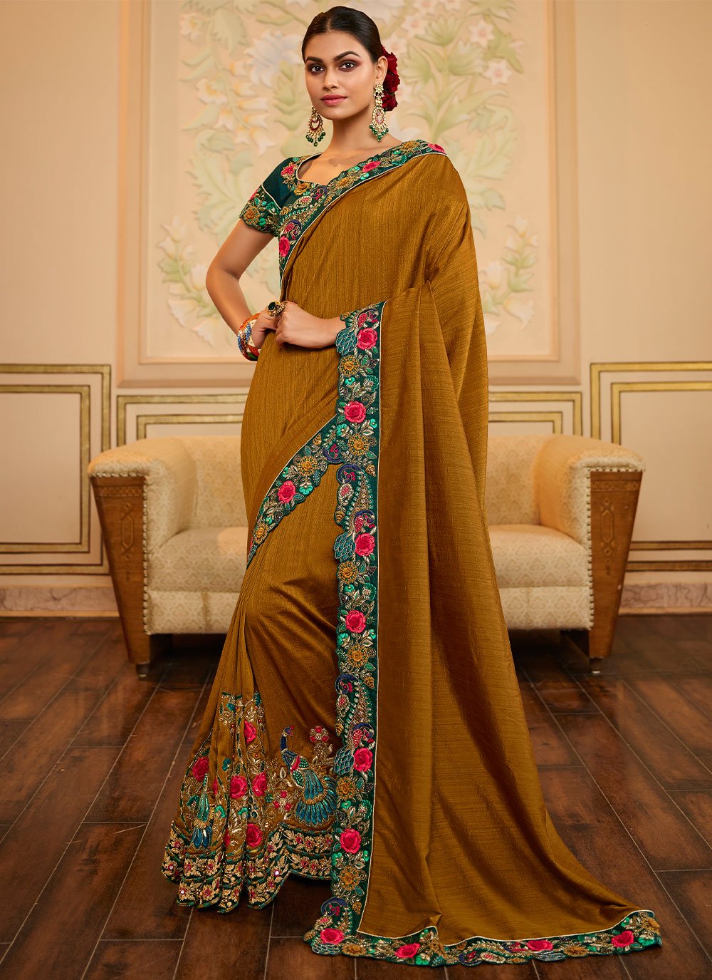 Contemporary Silk Mustard Embroidered Saree