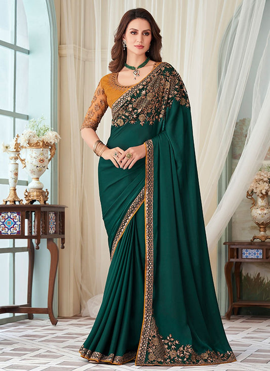 Contemporary Silk Green Embroidered Saree