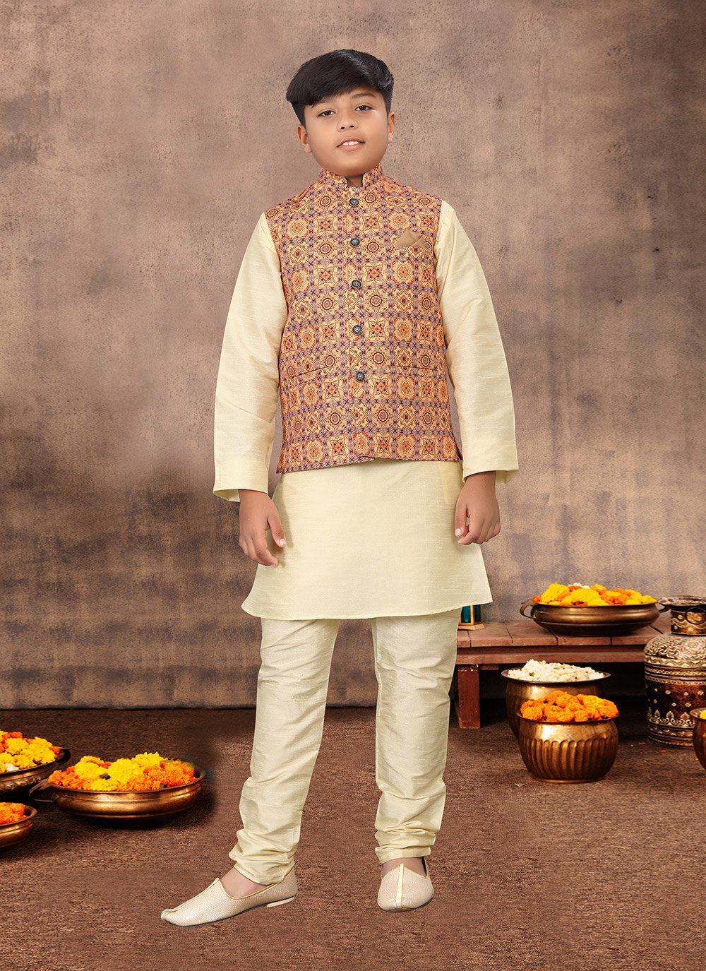 Kurta Payjama With Jacket Silk Cream Multi Colour Digital Print Kids