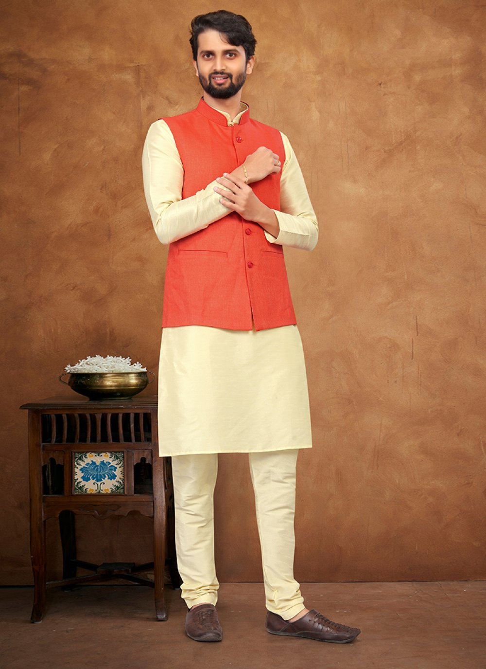 Kurta Payjama With Jacket Silk Cream Red Fancy Work Mens