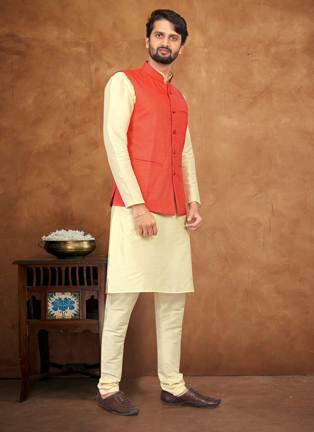 Kurta Payjama With Jacket Silk Cream Red Fancy Work Mens