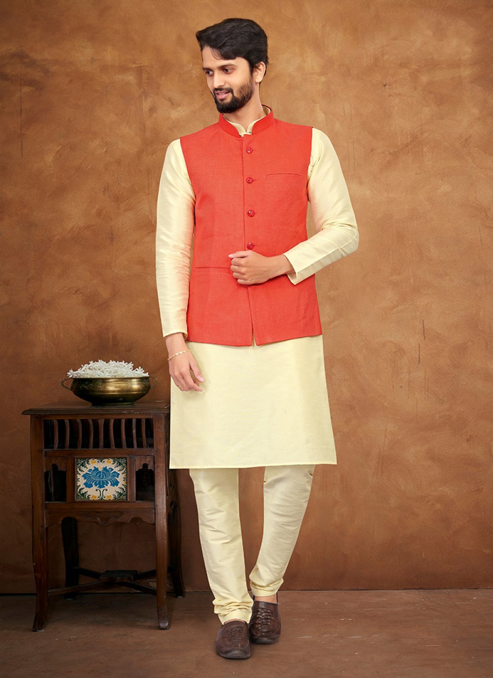 Kurta Payjama With Jacket Silk Cream Red Fancy Work Mens