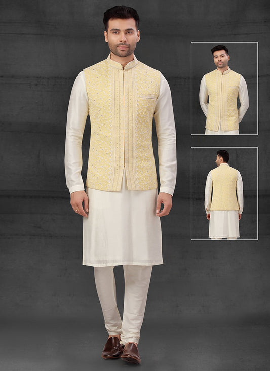 Kurta Payjama With Jacket Silk Cream Yellow Embroidered Mens