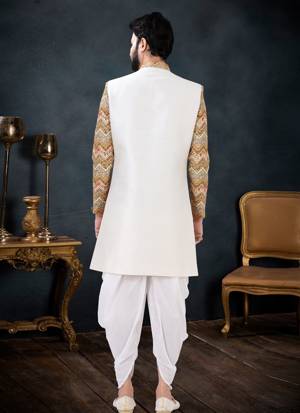 Indo Western Sherwani Silk Cream Yellow Sequins Mens