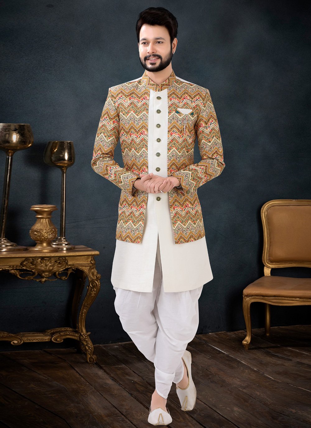 Indo Western Sherwani Silk Cream Yellow Sequins Mens