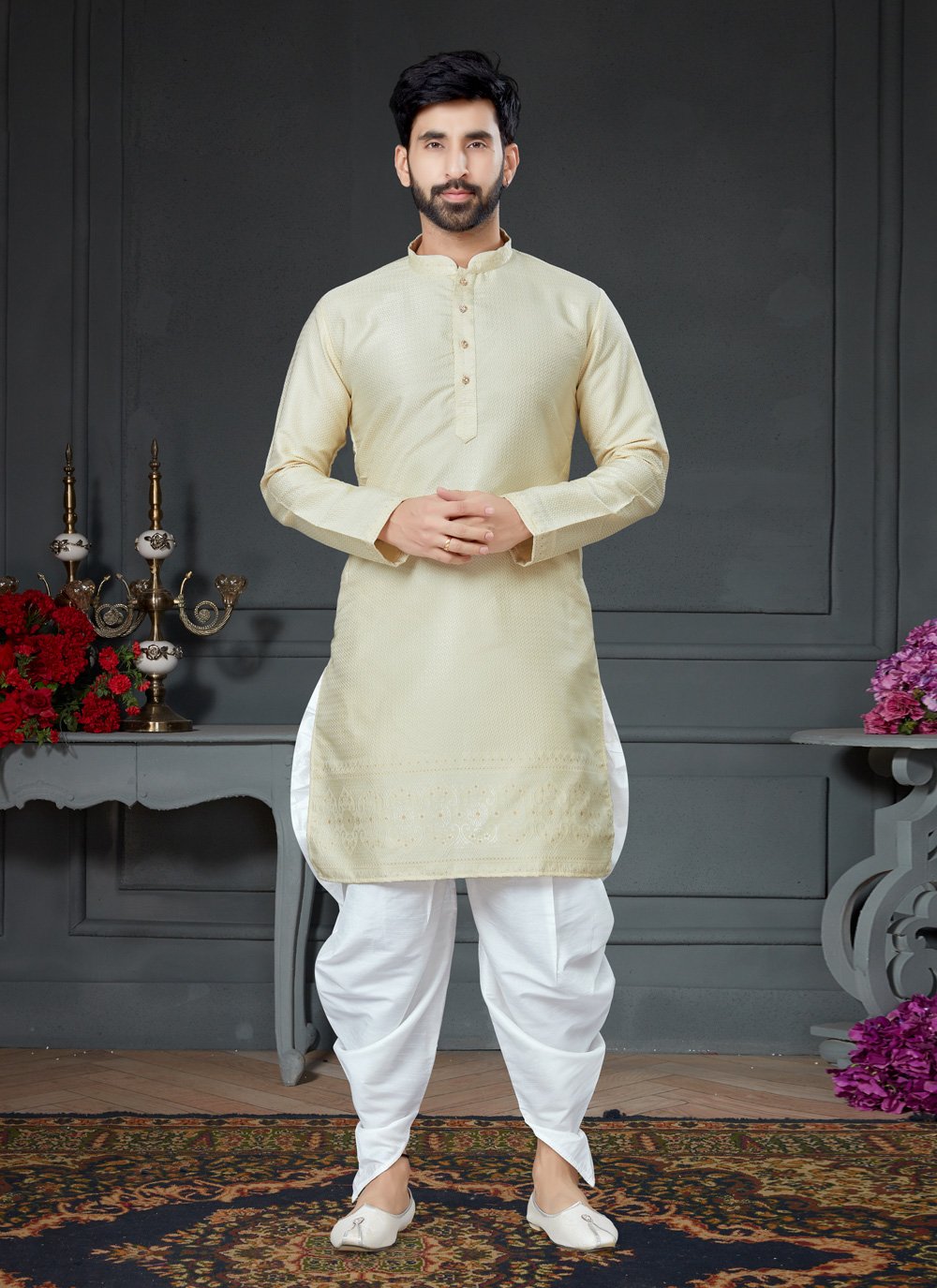 Dhoti Kurta Silk Cream Jacquard Work Mens Kajols Indian Pakistani Fashion Tailoring