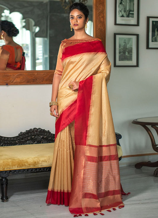 Contemporary Silk Cream Checks Saree