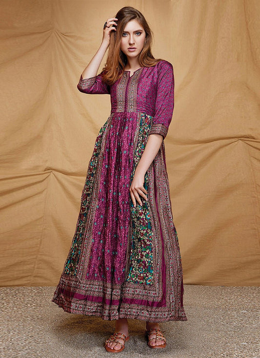 Designer Gown Silk Purple Digital Print Gown