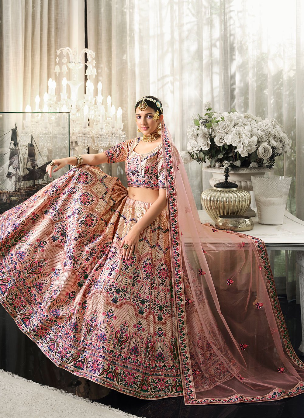 Lehenga Choli Silk Peach Embroidered Lehenga Choli