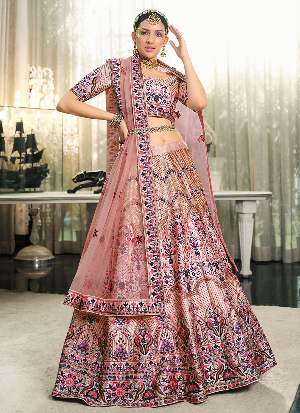 Lehenga Choli Silk Peach Embroidered Lehenga Choli