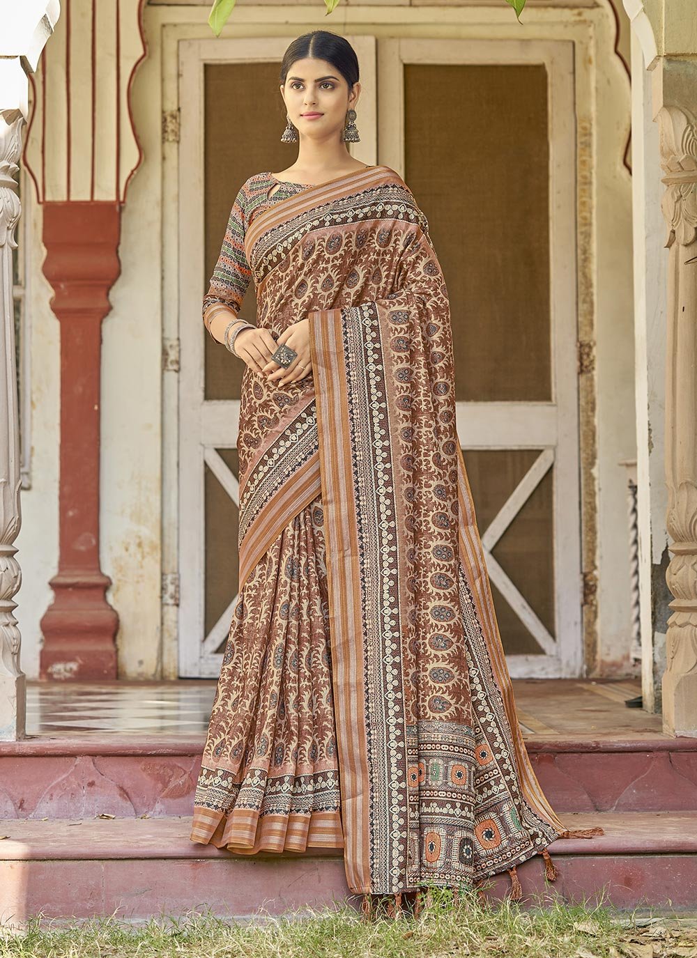 Traditional Saree Silk Brown Digital Print Saree