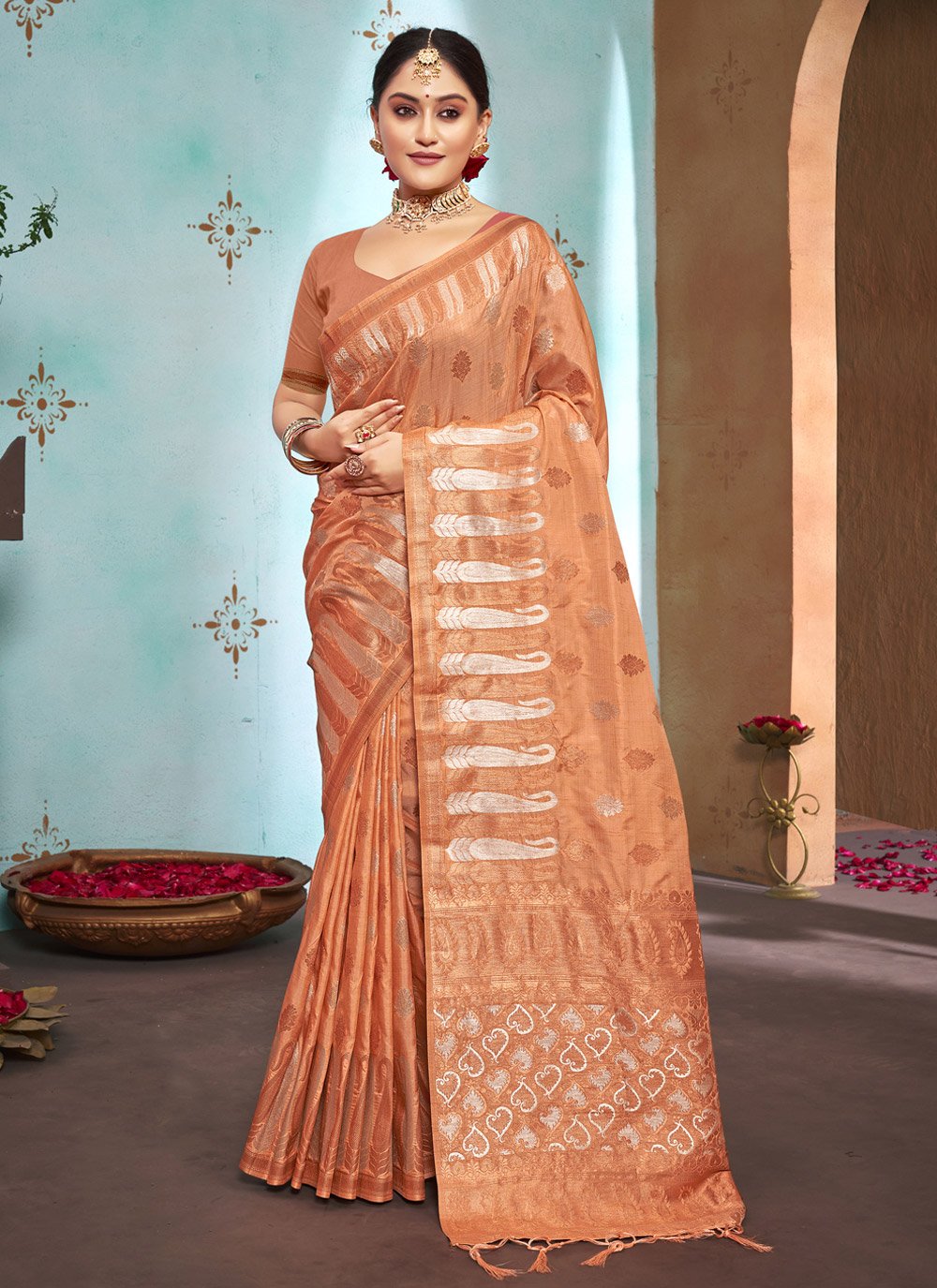 Traditional Saree Silk Orange Weaving Saree