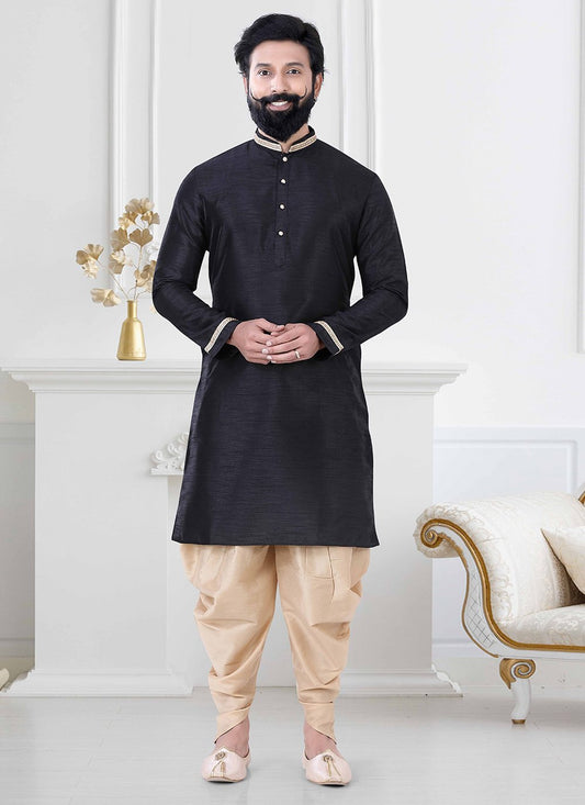 Dhoti Kurta Silk Black Plain Mens