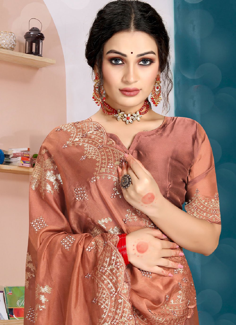 Classic Organza Silk Brown Diamond Saree