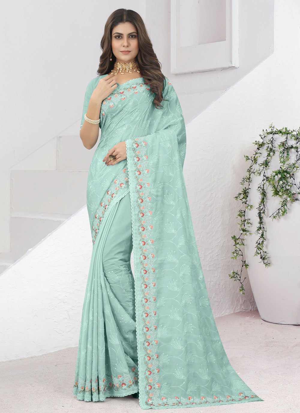 Contemporary Silk Sea Green Diamond Saree