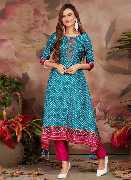 Casual Kurti Silk Aqua Blue Digital Print Kurtis