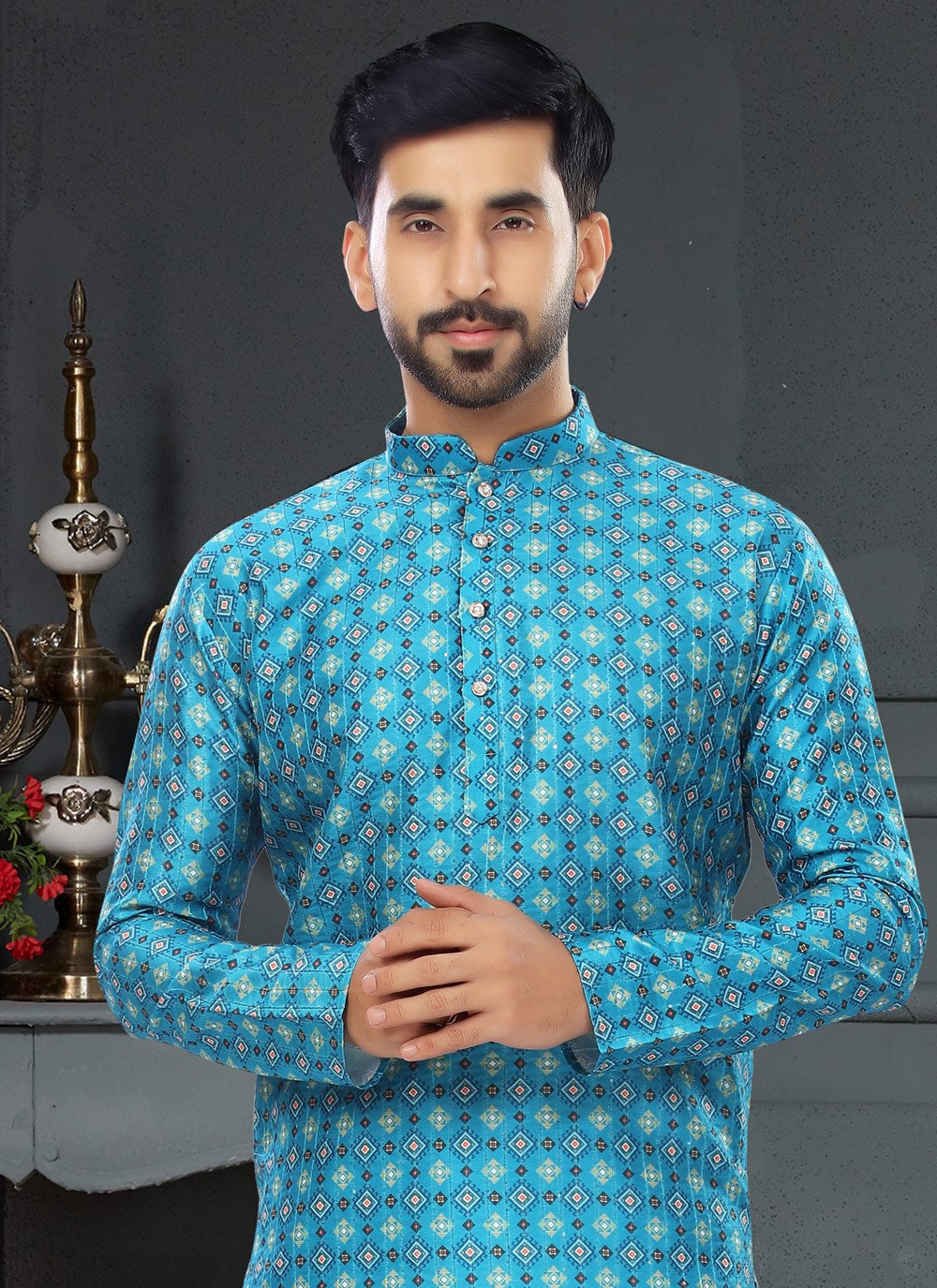 Kurta Pyjama Silk Aqua Blue Digital Print Mens