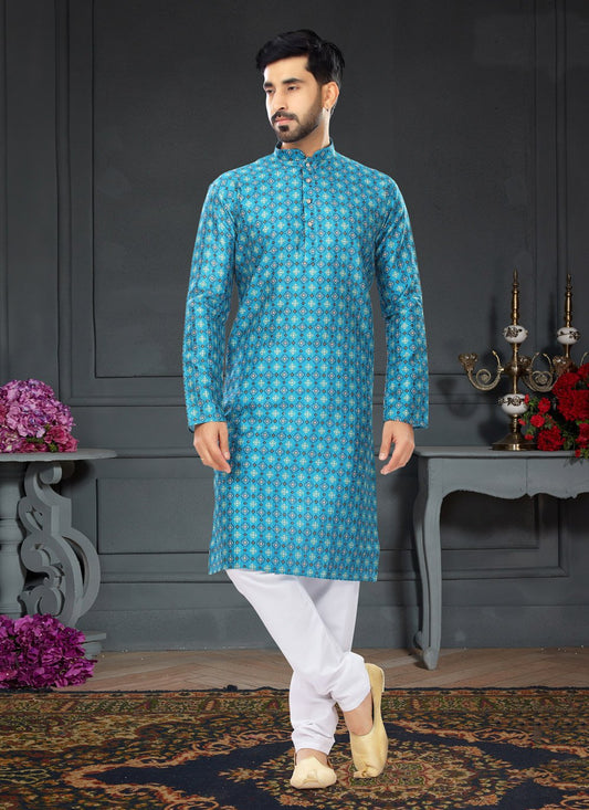 Kurta Pyjama Silk Aqua Blue Digital Print Mens