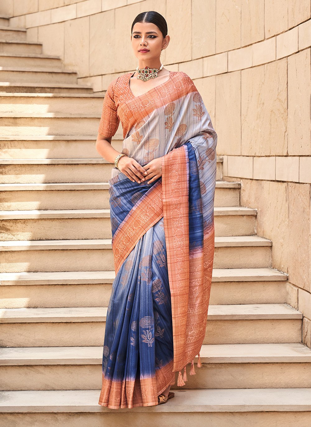 Shaded Saree Silk Blue Orange Digital Print Saree