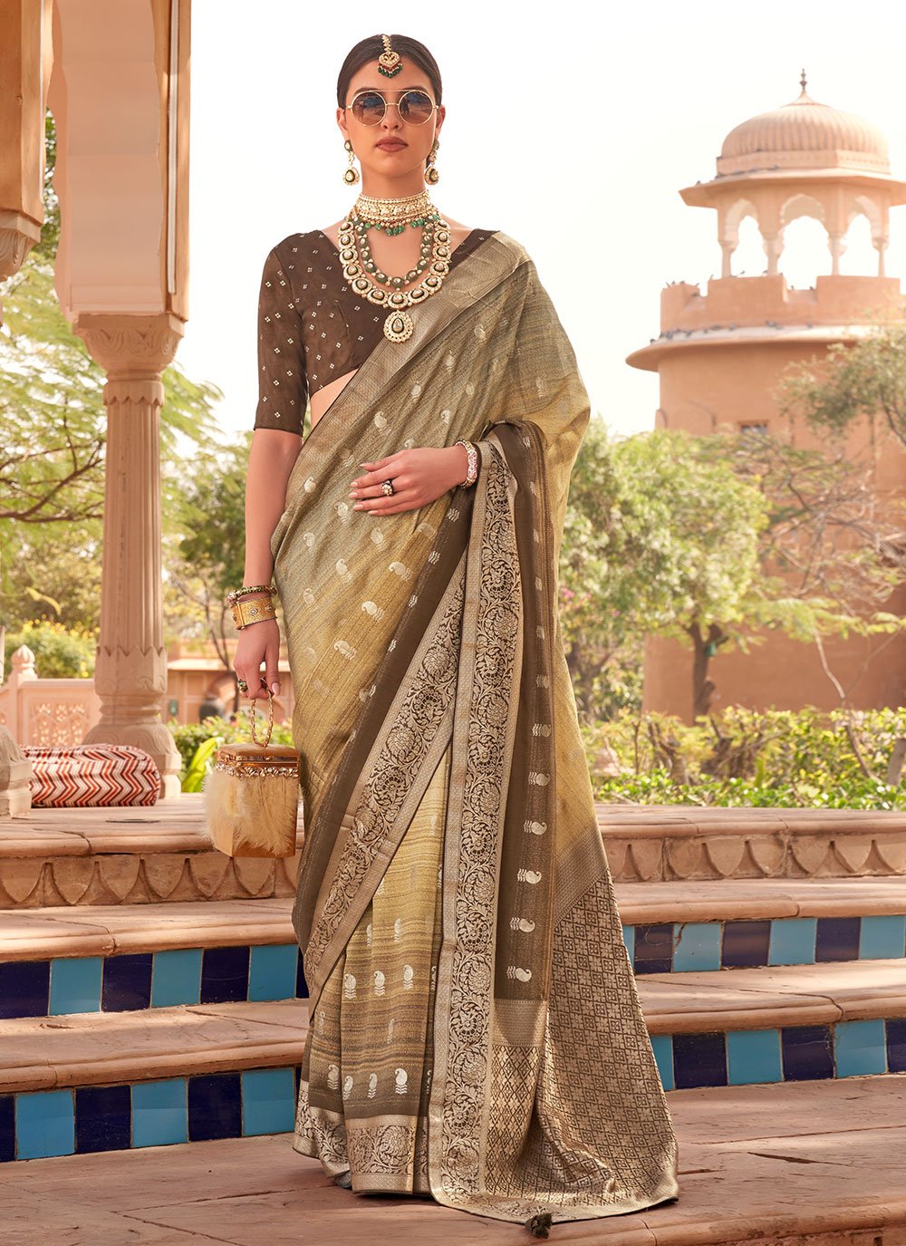 Designer Silk Brown Digital Print Saree