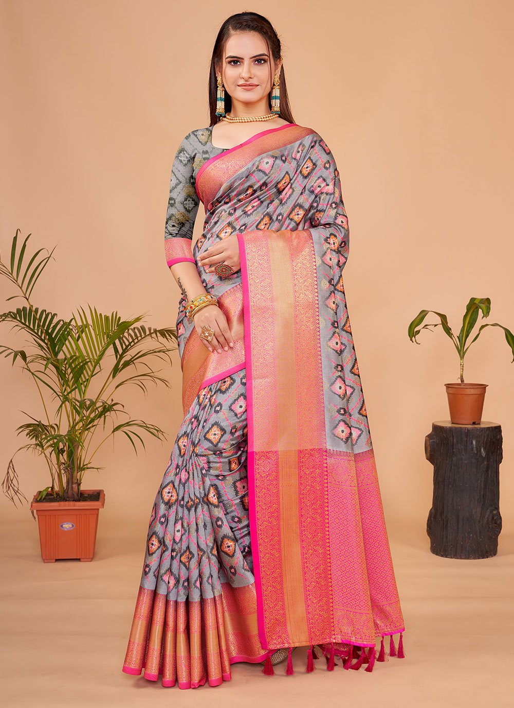 Classic Silk Grey Digital Print Saree