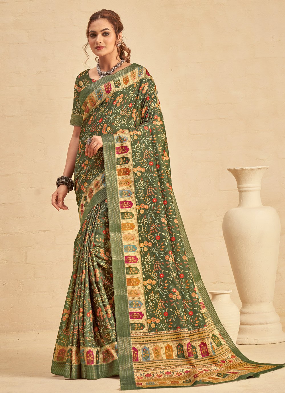 Contemporary Silk Green Digital Print Saree