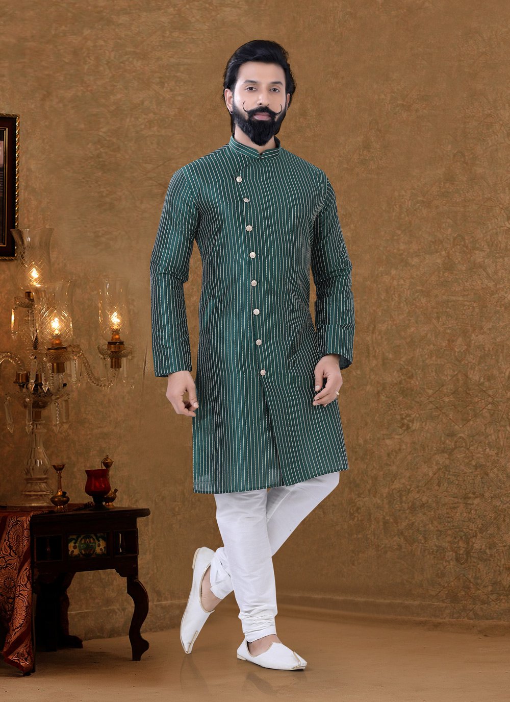 Kurta Pyjama Silk Green Digital Print Mens