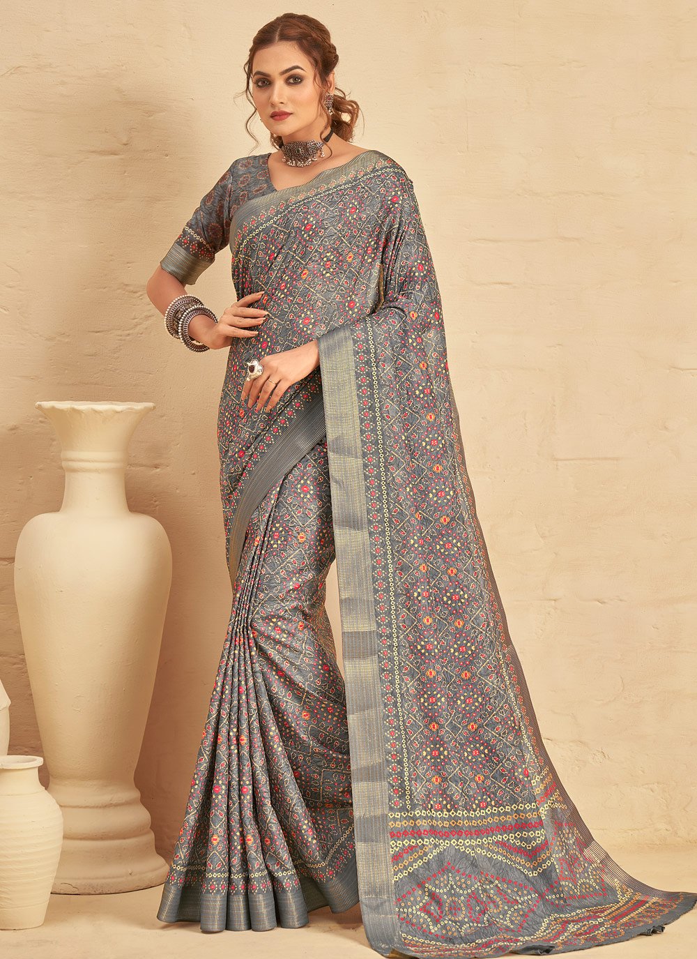 Contemporary Silk Grey Digital Print Saree