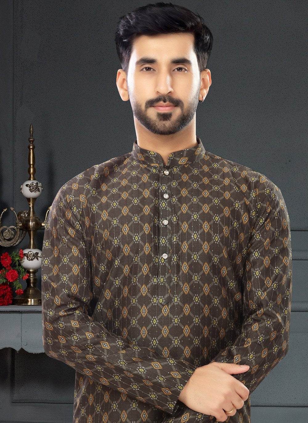 Kurta Pyjama Silk Brown Digital Print Mens